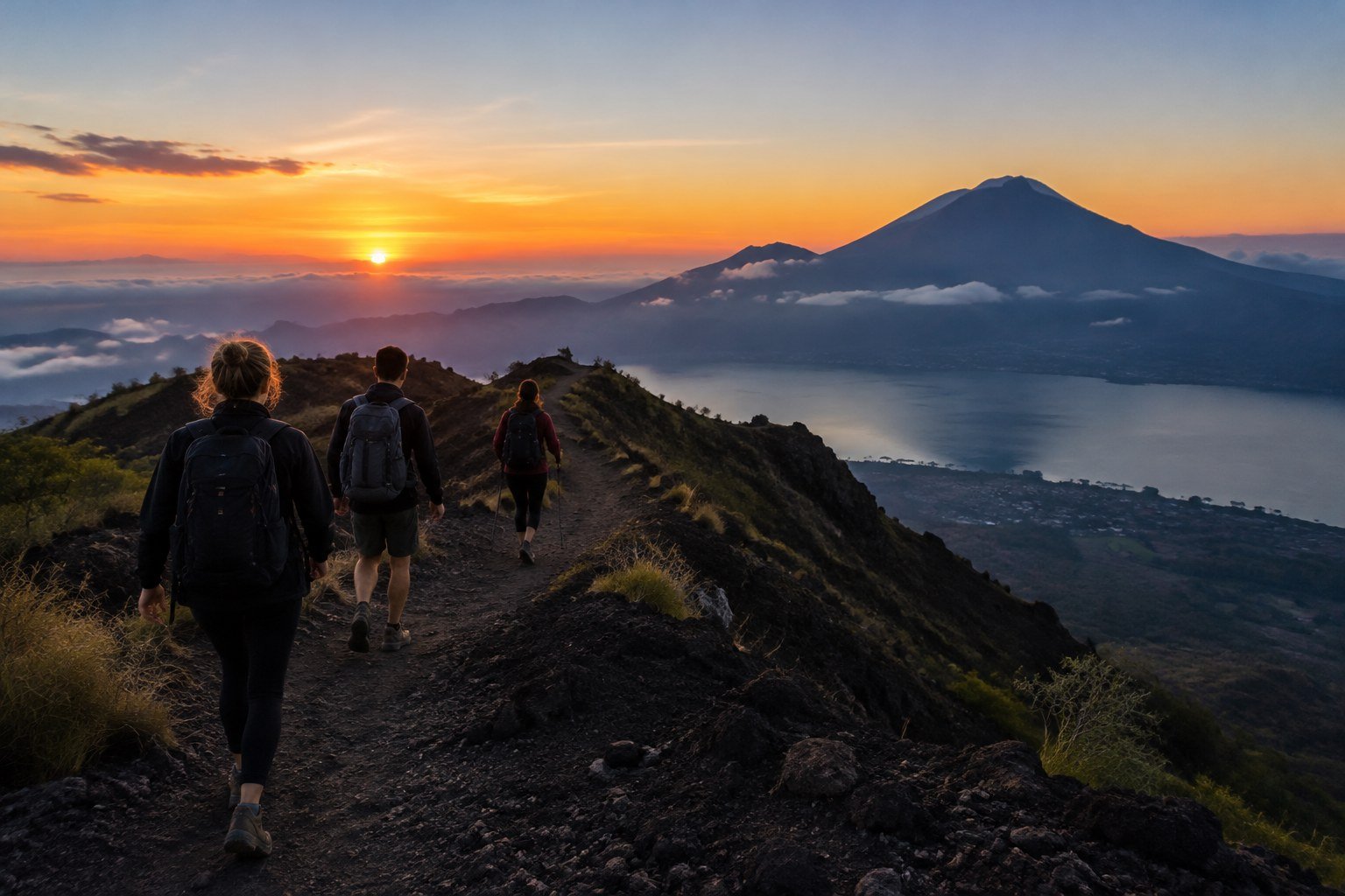 Hikers approaching sunrise on Mount Batur after an early pickup from Kuta