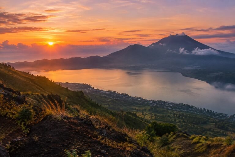 Lake Batur and volcanic caldera at first light