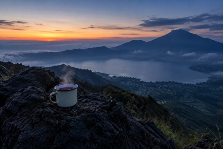 Steaming hot tea on volcanic rock at Mount Batur before sunrise